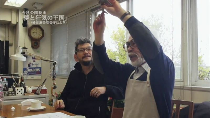 Series creator Hideaki Anno (left) with mentor Hayao Miyazaki (right)